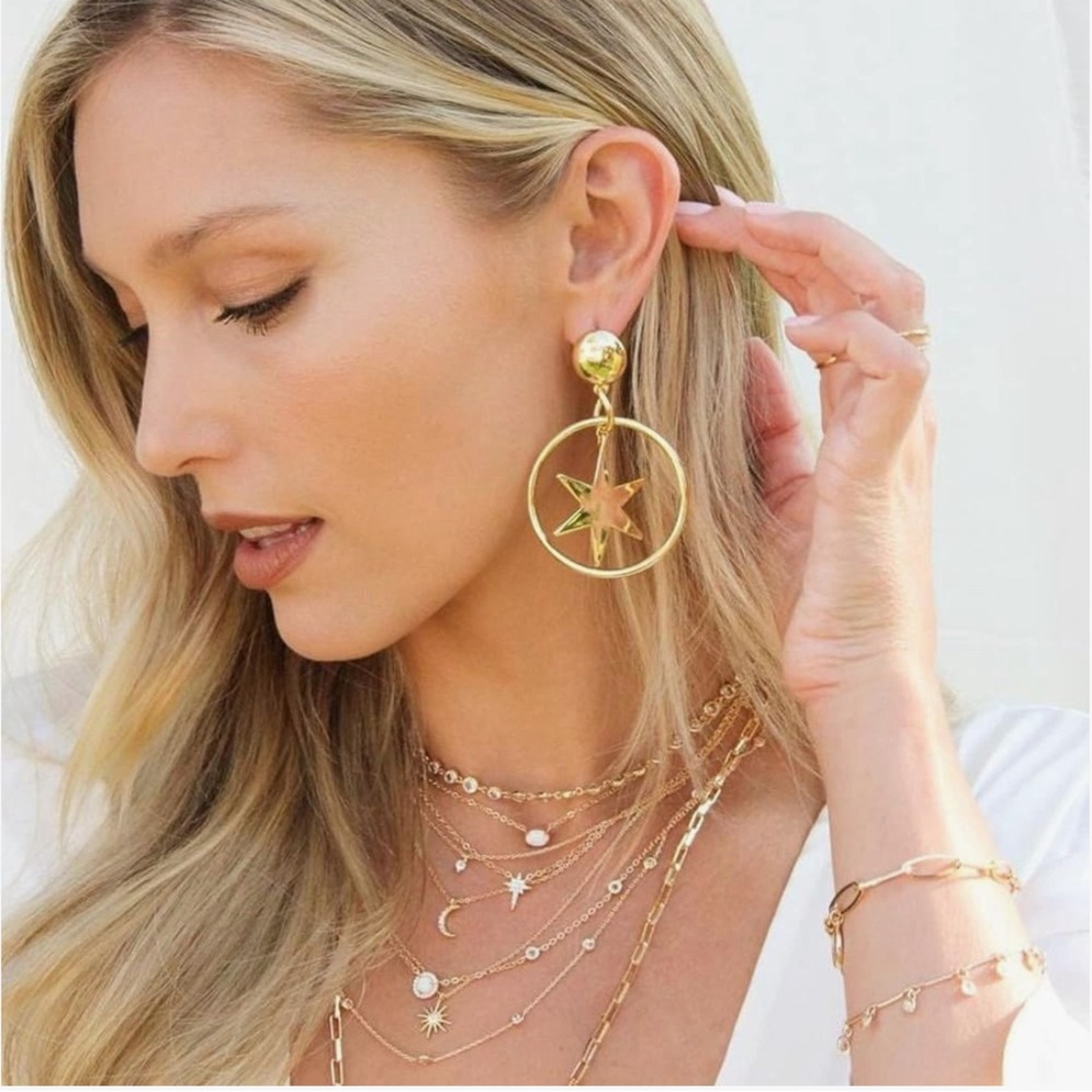 NWT Ettika Star Dangle Hoop Earrings‎  Gold Plated $44